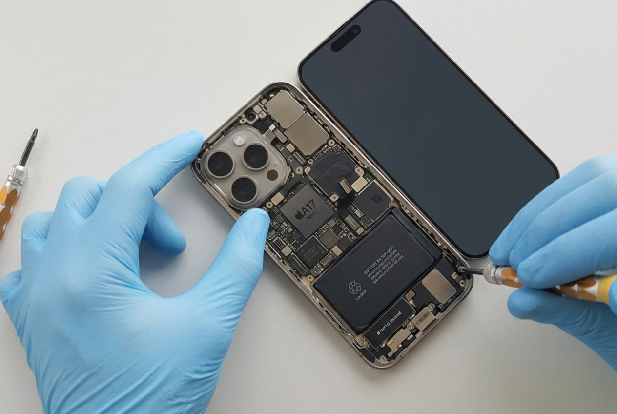 Gloved hands working on a smartphone